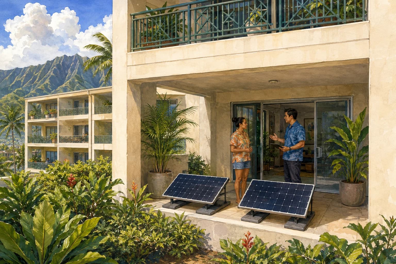 Painted resident and building professional reviewing portable panels on a private condominium terrace.