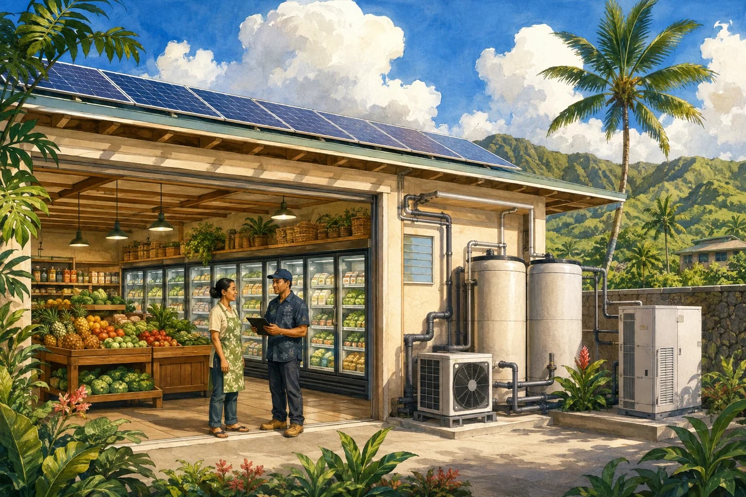 Painted grocery operator and technician beside refrigeration, thermal tanks and energy equipment.