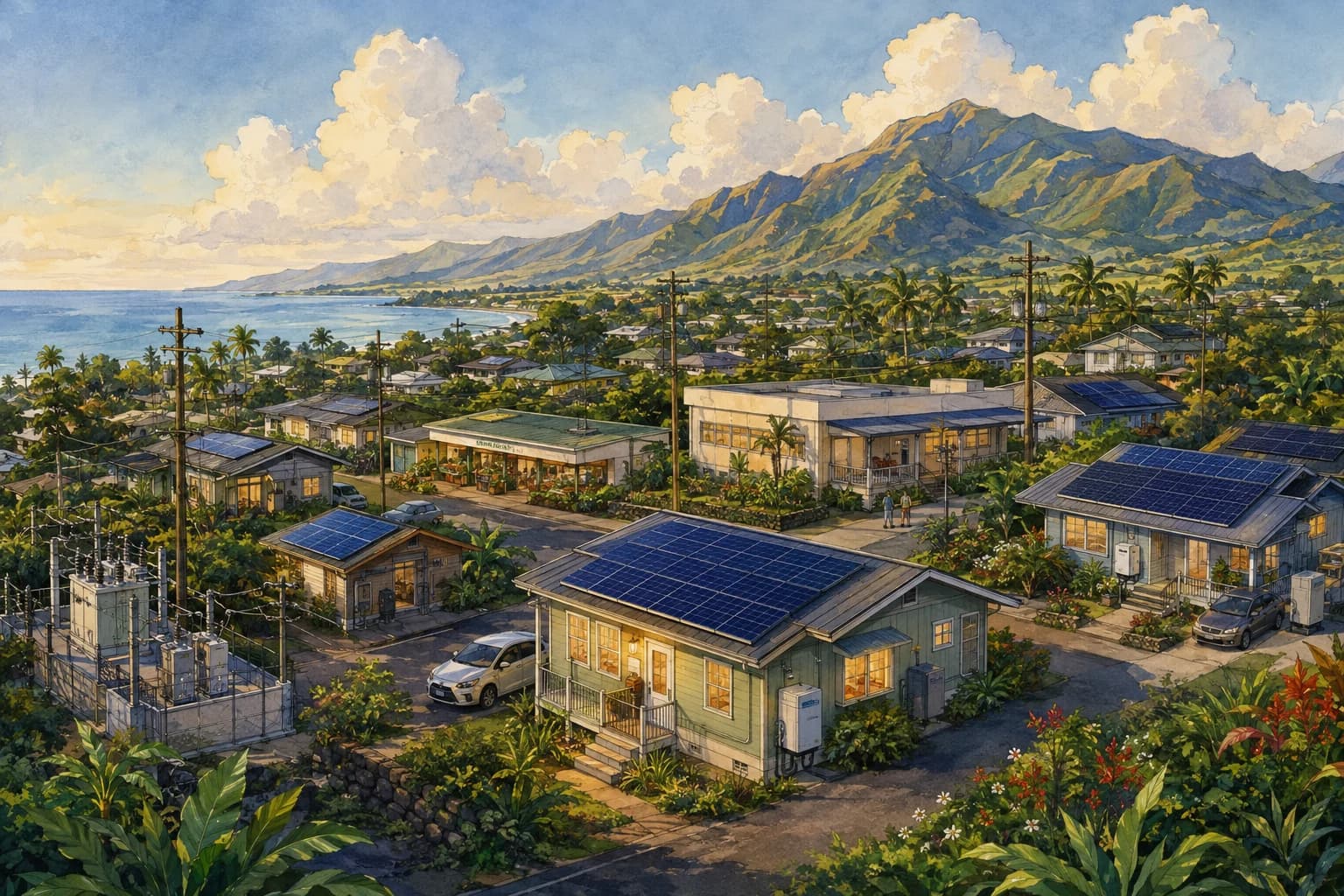 Painted solar homes, batteries, a grocery and clinic connected to an existing utility network.