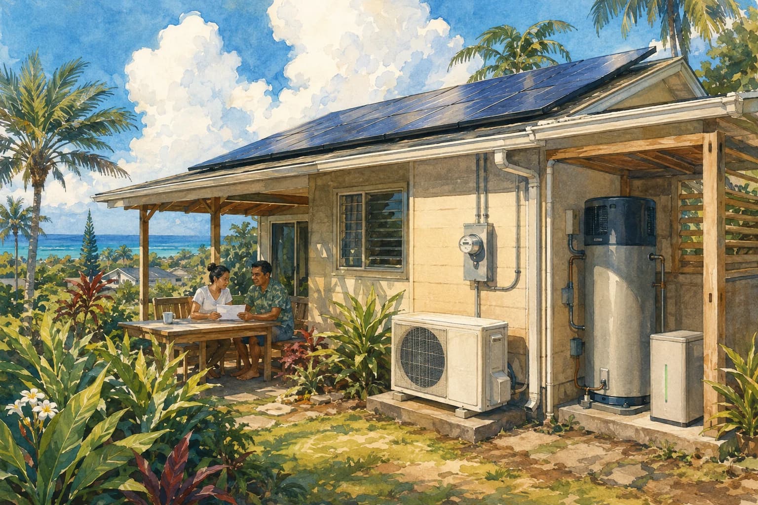 Painted household reviewing an energy plan beside solar, a heat pump, water heater and battery.