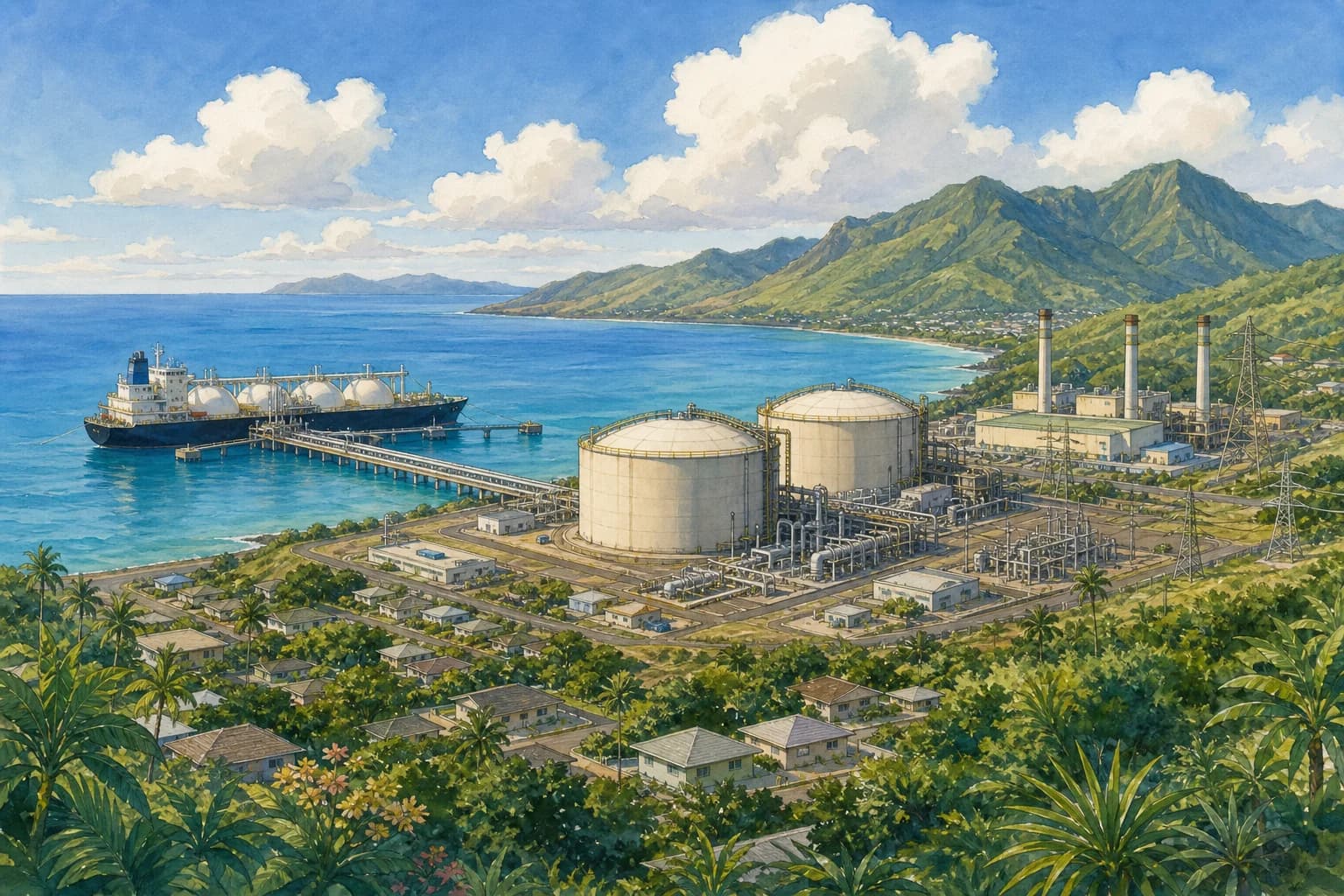 Painted hypothetical LNG carrier, terminal tanks and power station on an island coast.