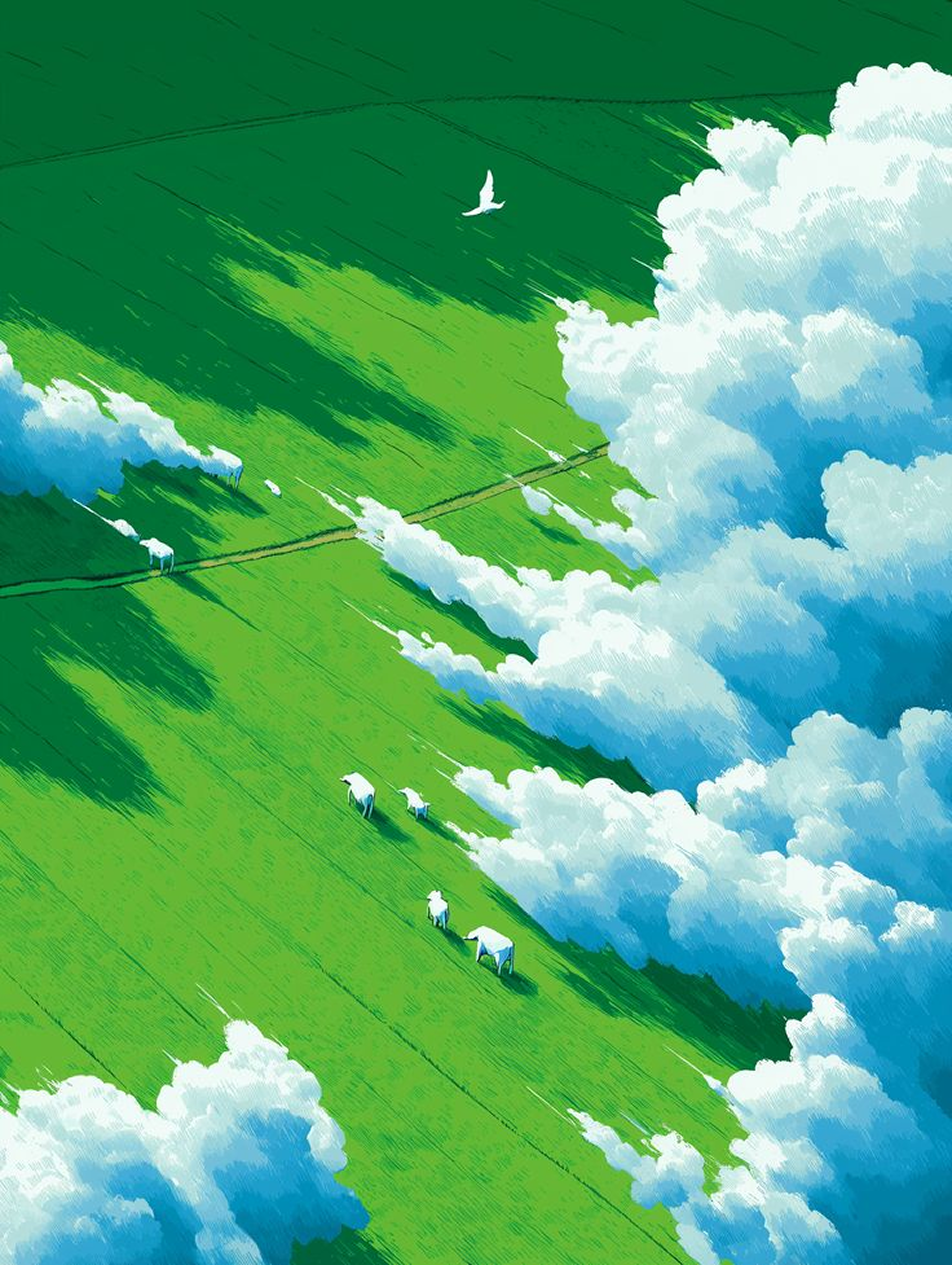 Green pasture under towering clouds